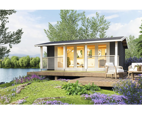 Abri de jardin Outdoor Life Lyndhurst avec plancher 610 x 460 cm gris carbone Abri de jardin avec terrasse et vue sur un lac