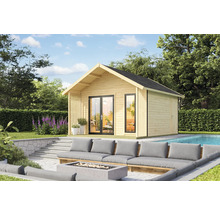 Abri de jardin en bois avec portes coulissantes à côté d'une piscine et d'un coin salon