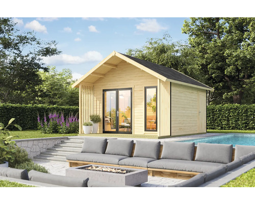 Abri de jardin Outdoor Life Murano 1 avec plancher 448,5 x 520 cm naturel Abri de jardin en bois avec portes coulissantes à côté d'une piscine et d'un coin salon