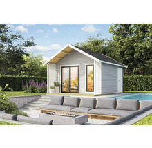 Abri de jardin avec terrasse, coin salon et piscine à l'extérieur