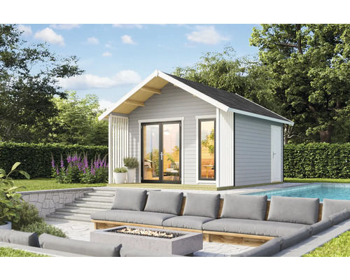 Abri de jardin Outdoor Life Murano 1 avec plancher 448,5 x 520 cm gris clair Abri de jardin avec terrasse, coin salon et piscine à l'extérieur