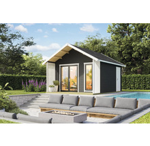 Abri de jardin avec terrasse, salon de jardin et piscine