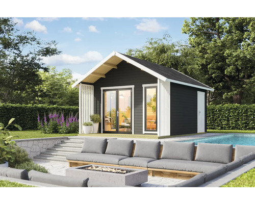 Abri de jardin Outdoor Life Murano 1 avec plancher 448,5 x 520 cm gris carbone Abri de jardin avec terrasse, salon de jardin et piscine