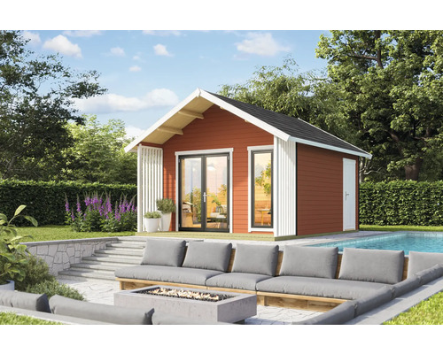 Abri de jardin Outdoor Life Murano 1 avec plancher 448,5 x 520 cm rouge suédois Maison de jardin en bois avec terrasse, salon de jardin et piscine dans le jardin