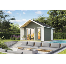 Pavillon de jardin avec terrasse, mobilier de salon et piscine dans le jardin