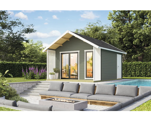 Abri de jardin Outdoor Life Murano 1 avec plancher 448,5 x 520 cm gris-vert Pavillon de jardin avec terrasse, mobilier de salon et piscine dans le jardin
