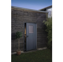 Gartenhaus mit geöffneter Tür und einem kleinen Baum im Topf davor