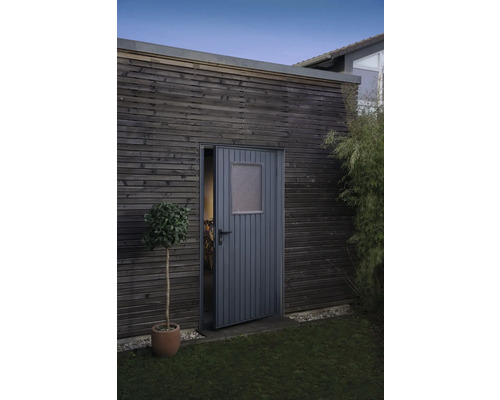 Gartenhaus mit geöffneter Tür und einem kleinen Baum im Topf davor