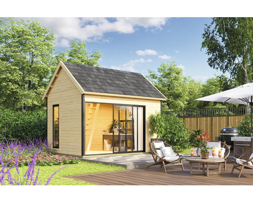 Abri de jardin Outdoor Life Murano 2 avec plancher 430 x 336,1 cm naturel Mise en scène d'une maison de jardin avec terrasse, barbecue et mobilier de jardin