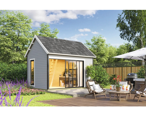 Abri de jardin Outdoor Life Murano 2 avec sol 430 x 336,1 cm gris clair Abri de jardin avec terrasse et mobilier de jardin à l'extérieur