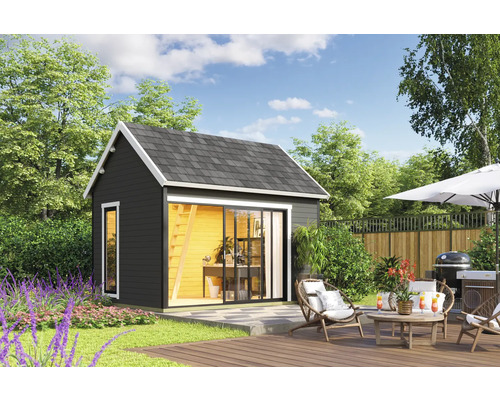 Abri de jardin Outdoor Life Murano 2 avec plancher 430 x 336,1 cm gris carbone Pavillon de jardin avec terrasse et mobilier de jardin en arrière-plan