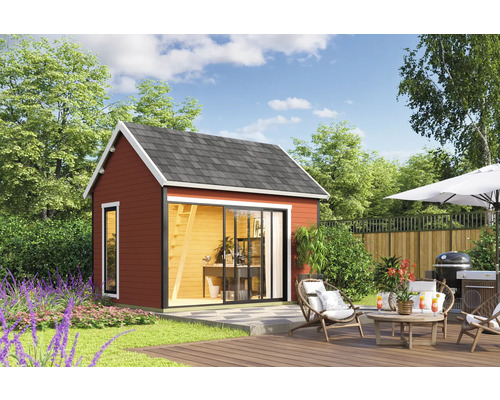 Abri de jardin Outdoor Life Murano 2 avec plancher 430 x 336,1 cm rouge suédois Jardin avec cabanon, terrasse et espace barbecue