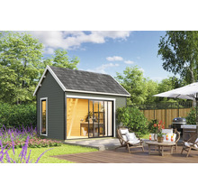Jardin avec abri de jardin, terrasse, mobilier de jardin et barbecue