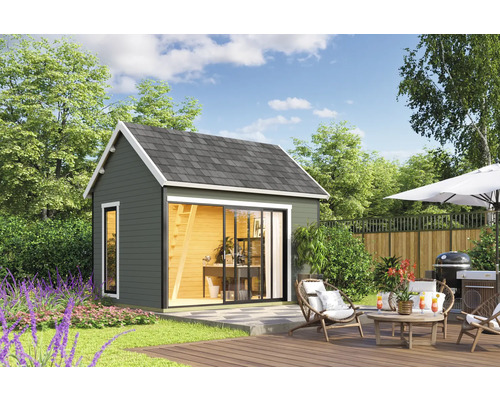 Abri de jardin Outdoor Life Murano 2 avec plancher 430 x 336,1 cm gris-vert Jardin avec abri de jardin, terrasse, mobilier de jardin et barbecue