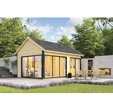 Maison de jardin en bois avec façade vitrée et terrasse dans le jardin