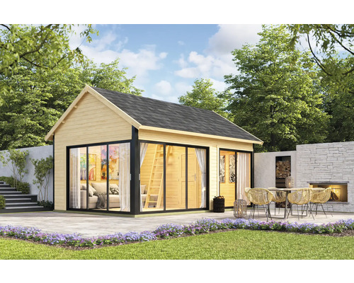 Abri de jardin Outdoor Life Murano 3 avec plancher 595 x 445,5 cm naturel Maison de jardin en bois avec façade vitrée et terrasse dans le jardin