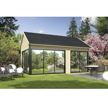 Abri de jardin avec de grandes fenêtres, un revêtement en bois et un toit noir