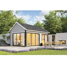 Abri de jardin avec terrasse, mobilier de jardin et barbecue dans un design moderne