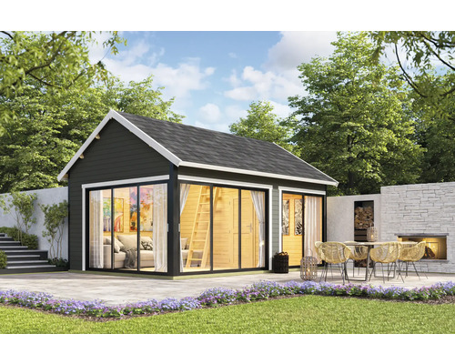 Abri de jardin Outdoor Life Murano 3 avec plancher 595 x 445,5 cm gris carbone Maison de jardin avec de grandes fenêtres et terrasse avec mobilier de jardin