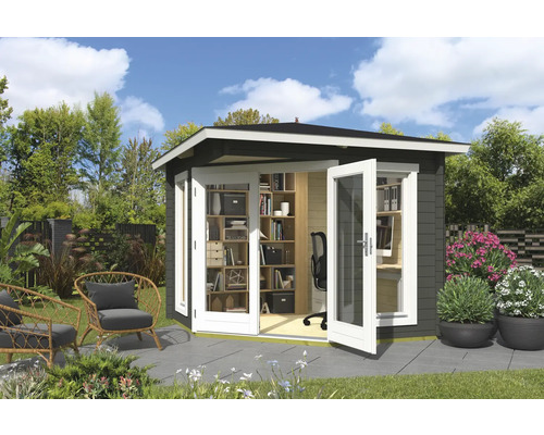 Abri de jardin Outdoor Life Oban 40 avec plancher 282,3 x 282,3 cm vert gris Abri de jardin avec double porte ouverte, étagères et bureau dans le jardin