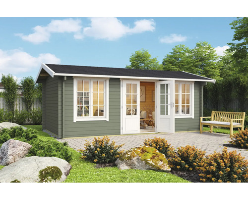 Abri de jardin Outdoor Life Pembrokeshire 53 avec plancher 540 x 345,8 cm vert gris Abri de jardin en bois avec fenêtres et porte double dans le jardin