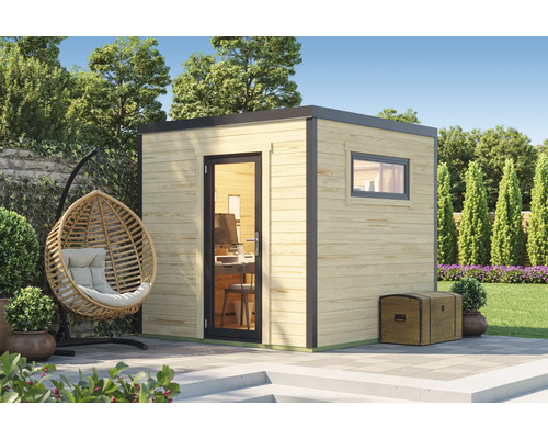 Abri de jardin Outdoor Life Sardinia 1 avec plancher 250 x 250 cm naturel Abri de jardin moderne avec fenêtre et porte à côté d'un panier suspendu