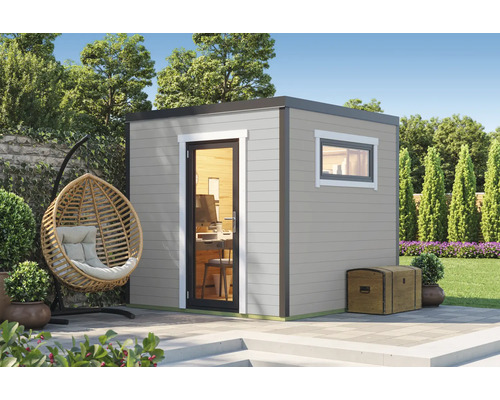 Abri de jardin Outdoor Life Sardinia 1 avec plancher 250 x 250 cm gris clair Jardin avec maison de jardin moderne, fauteuil suspendu en osier et décoration