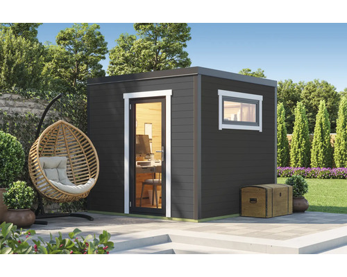 Abri de jardin Outdoor Life Sardinia 1 avec plancher 250 x 250 cm gris carbone Abri de jardin moderne avec fenêtre et porte dans un jardin soigné.