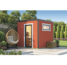 Jardin avec abri de jardin en bois moderne, fauteuil suspendu en osier et coffre en bois