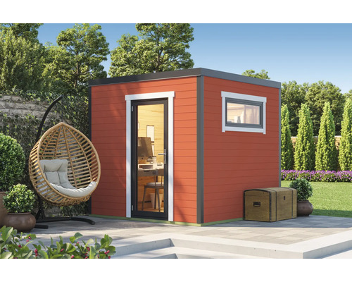 Abri de jardin Outdoor Life Sardinia 1 avec plancher 250 x 250 cm rouge suédois Jardin avec abri de jardin en bois moderne, fauteuil suspendu en osier et coffre en bois