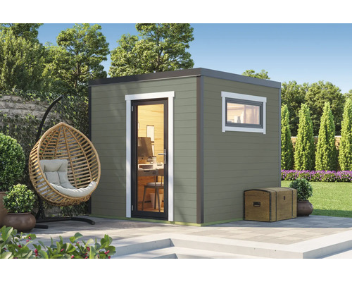 Abri de jardin Outdoor Life Sardinia 1 avec plancher 250 x 250 cm gris-vert Abri de jardin avec fenêtre, porte et décoration dans un jardin