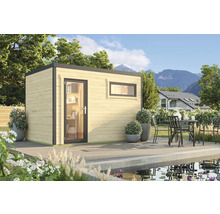 Maison de jardin moderne avec fenêtre et porte sur une terrasse à côté d'un étang