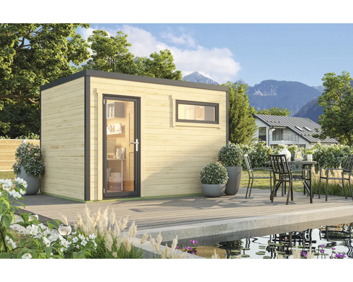 Abri de jardin Outdoor Life Sardinia 2 avec plancher 350 x 250 cm naturel Maison de jardin moderne avec fenêtre et porte sur une terrasse à côté d'un étang