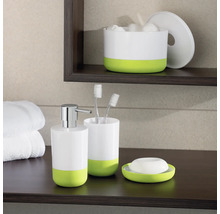 Étagère de salle de bains avec distributeur de savon, gobelet pour brosses à dents, porte-savon et distributeur de coton