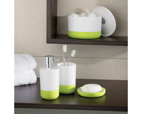 Étagère de salle de bains avec distributeur de savon, gobelet pour brosses à dents, porte-savon et distributeur de coton