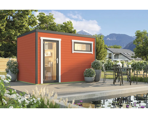 Abri de jardin Outdoor Life Sardinia 2 avec plancher 350 x 250 cm rouge suédois Abri de jardin moderne avec fenêtre et porte sur une terrasse en bois à côté d'un étang.