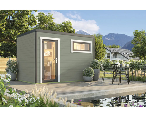 Abri de jardin Outdoor Life Sardinia 2 avec plancher 350 x 250 cm gris-vert Abri de jardin moderne avec fenêtre et porte sur une terrasse avec bassin
