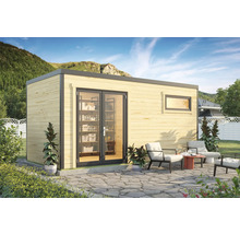 Maison de jardin moderne en bois avec porte vitrée et fenêtre, entourée de mobilier de jardin et de plantes.