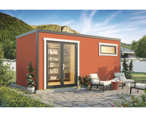 Abri de jardin Outdoor Life Sardinia 3 avec plancher 500 x 250 cm rouge suédois Abri de jardin moderne avec terrasse et mobilier pour le rangement et la détente