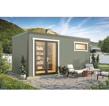 Abri de jardin moderne avec double porte et fenêtre, entouré d'une terrasse avec mobilier de jardin.