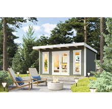 Abri de jardin moderne avec mobilier de jardin et foyer dans le jardin