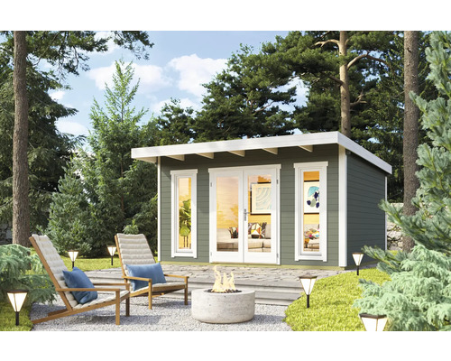 Abri de jardin moderne avec mobilier de jardin et foyer dans le jardin