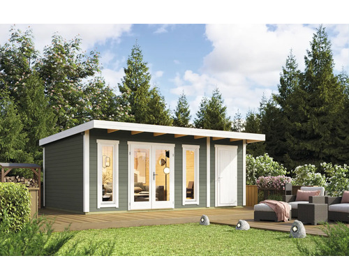 Abri de jardin Outdoor Life Sicily 2 avec plancher 595 x 440 cm vert gris Maison de jardin moderne avec terrasse et mobilier de jardin à l''extérieur.