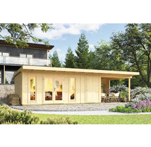 Maison de jardin en bois avec terrasse et mobilier de jardin dans le jardin