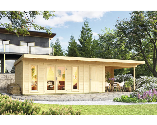 Maison de jardin en bois avec terrasse et mobilier de jardin dans le jardin