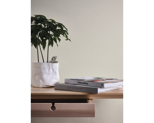 Nahaufnahme eines Holzschreibtischs mit Pflanze und Büchern