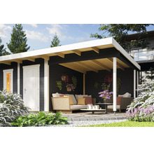 Abri de jardin avec terrasse couverte et mobilier de jardin pour l'extérieur.