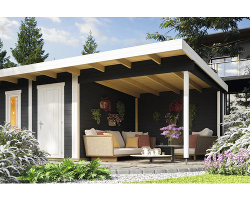 Abri de jardin avec terrasse couverte et mobilier de jardin pour l'extérieur.