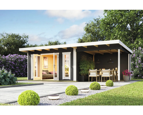 Maison de jardin moderne avec terrasse et coin salon extérieur