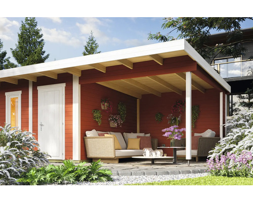 Abri de jardin avec terrasse, meubles et décoration